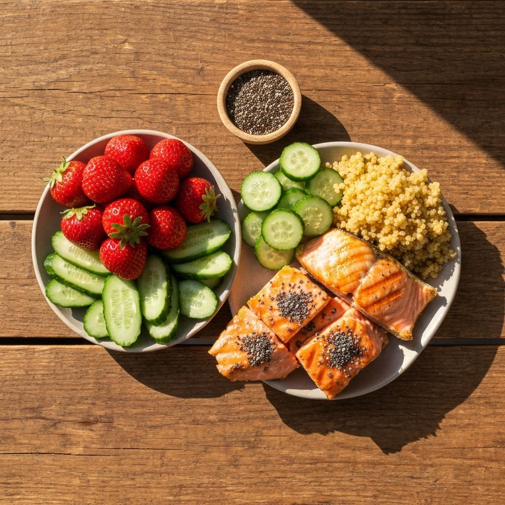 Zbilansowany posiłek z warzywami i produktami zbożowymi